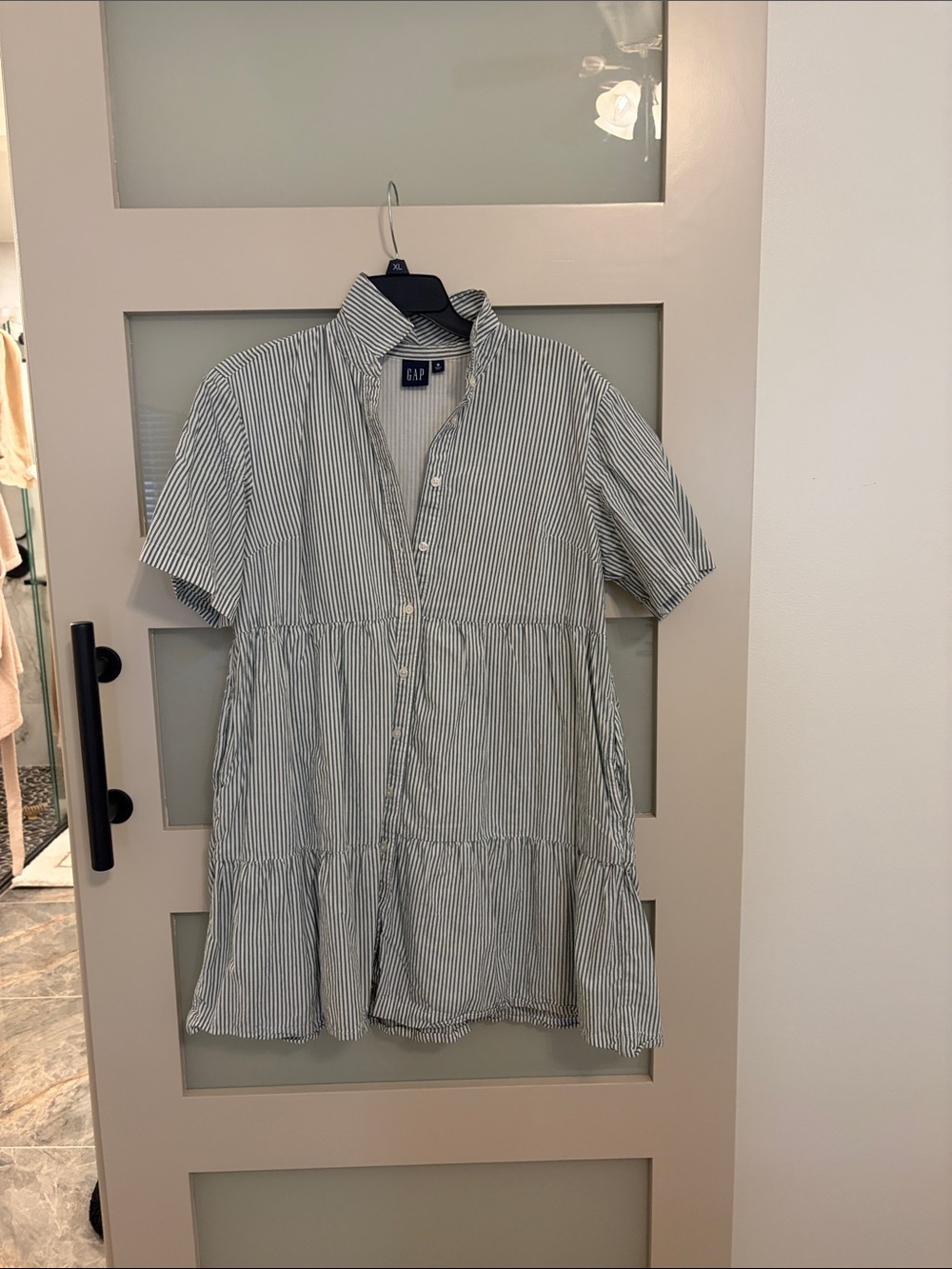 GAP Short-Sleeve Striped Button-Down Shirt Dress in Blue and White